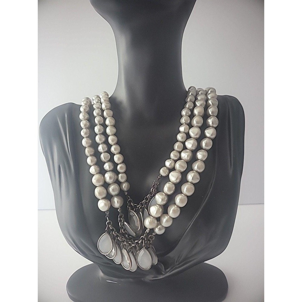 Vintage Necklace Multi Strand Beaded Gray Charms Jewelry Costume